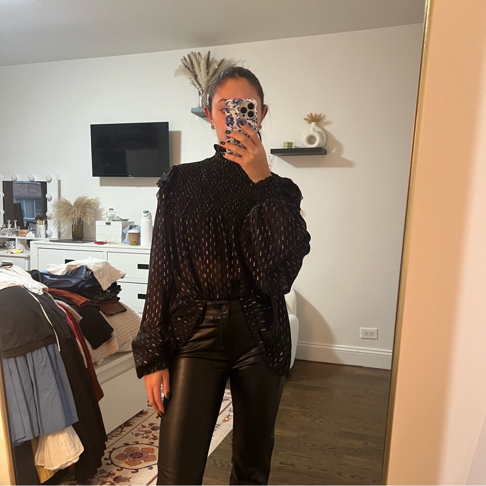 The Kooples sparkle, mock neck, balloon sleeve, sheer top